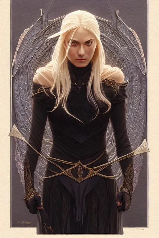 Prompt: portrait of an old blonde elven mage, dark, piercing eyes, gentle expression, elegant clothing, photorealistic, highly detailed, artstation, smooth, sharp focus, art by michael whelan, artgerm, greg rutkowski and alphonse mucha