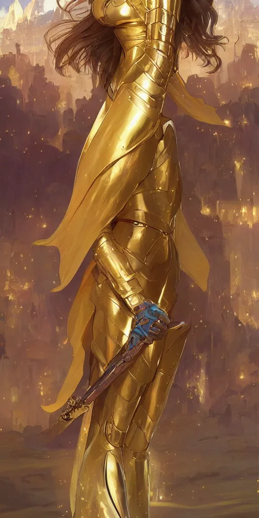 Image similar to a princess wearing a golden armor, full-body shot, digital painting, smooth, elegant, hd, art by WLOP and Artgerm and Greg Rutkowski and Alphonse Mucha