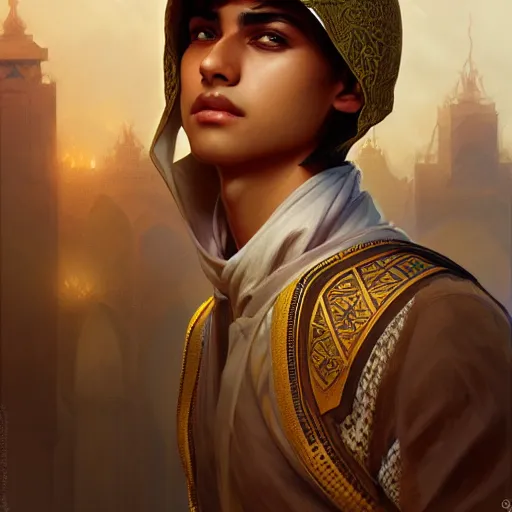 Prompt: illustration of a saudi arabian boy, d & d, fantasy, intricate, elegant, highly detailed, digital painting, artstation, concept art, smooth, sharp focus, illustration, art by artgerm and greg rutkowski and alphonse mucha