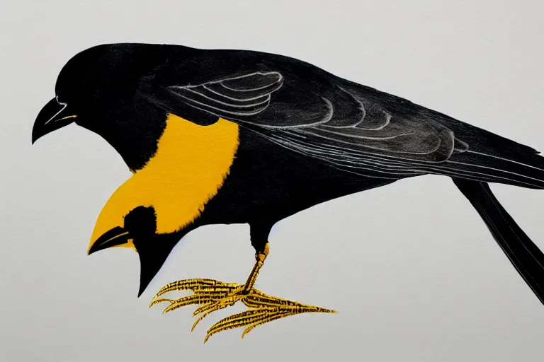 Prompt: beautiful smart crow using a hook, minimalistic golden ink aribrush painting on white background