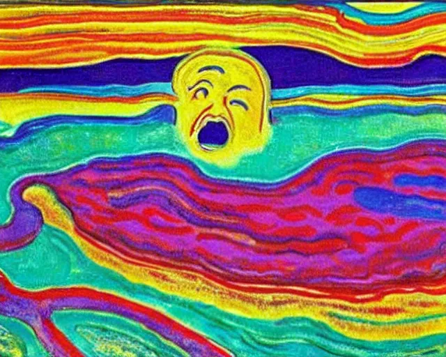 Image similar to Ocean waves in a psychedelic dream world. DMT. Curving rivers. Landscape painting by Edvard Munch. David Hockney. Peter Max.