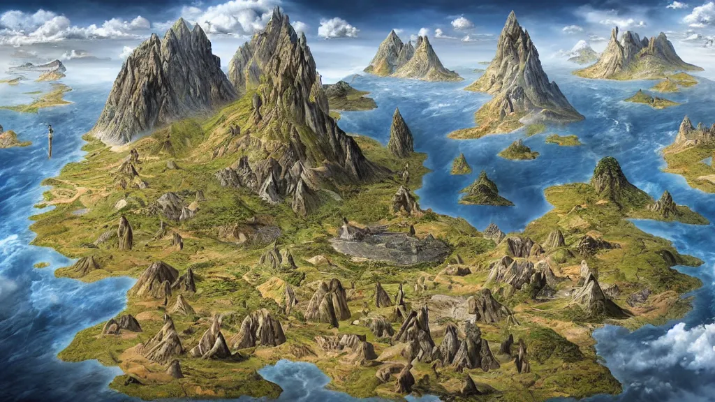 Image similar to surreal map of middle earth in the styles of igor morski, jim warren, and rob gonsalves, intricate, accurate geography, volumetric lighting, serene, imaginative