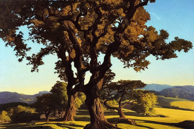 Prompt: masterpiece painting of oak trees on a hillside overlooking a creek, dramatic lighting, by j. c. leyendecker