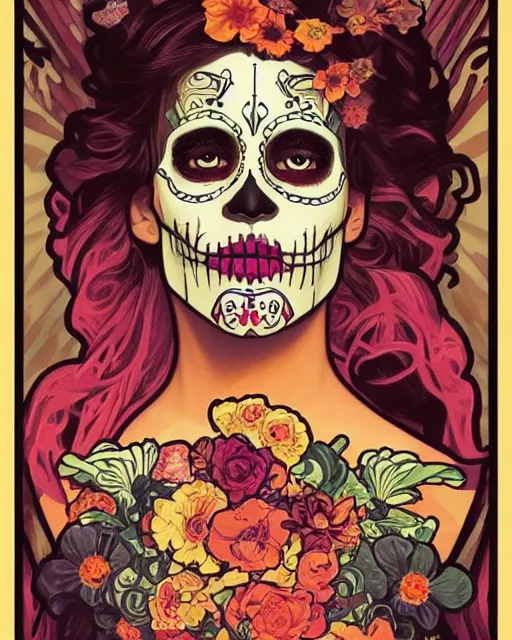 Prompt: dia de los muertos theme poster!!! art by artemio rodriguez, lisa brawn, gustave bauman, and alphonse mucha, intricate, accurate facial details, profile picture, artgerm, retro, nostalgic, old fashioned, posterized color