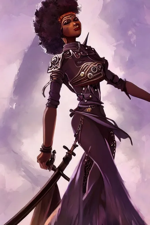 Image similar to beautiful steampunk african girl with a large afro holding samurai sword. wearing cloak, tight futuristic armor, artgerm, trending on artstation, character concept art, bokeh