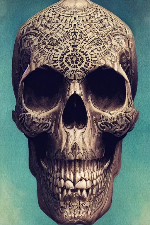 Image similar to concept art skull, the skull is decorated with art deco patterns, close - up portrait, powerfull, intricate, elegant, volumetric lighting, scenery, digital painting, highly detailed, artstation, sharp focus, illustration, concept art, ruan jia, steve mccurry