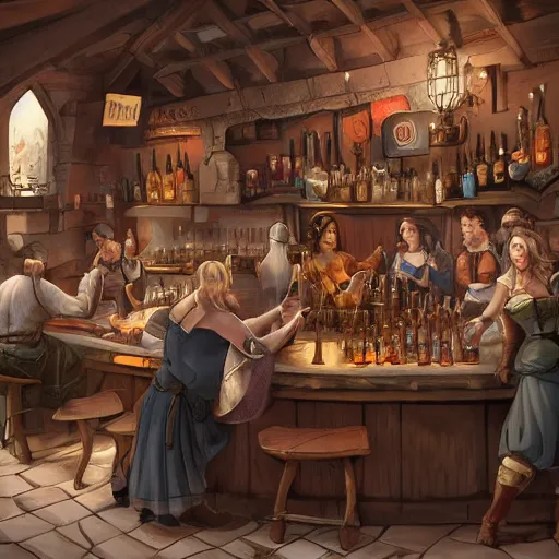 medieval tavern with barmaid and patrons drinking, | Stable Diffusion ...