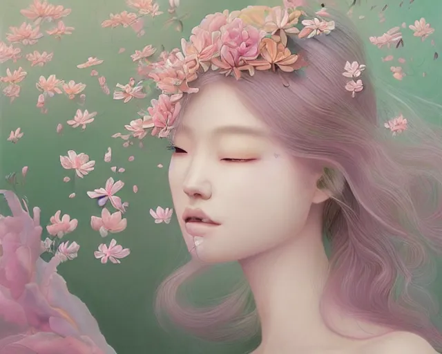 Image similar to highly detailed pastel colors of an ethereal asian beauty morphing gradually into flowers, by artgerm and hsiao - ron cheng, smooth composition, fine patterns and detail