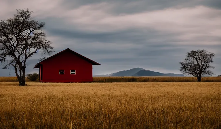 Prompt: A serene landscape with a singular building in the style of Red Komodo Zeiss 85mm