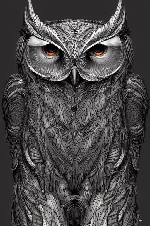 Prompt: humanoid figure owl monster, symmetrical, highly detailed, digital art, sharp focus, amber eyes, trending on art station
