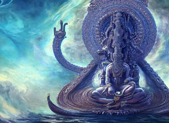 Prompt: vishnu sitting on adishesha the thousand headed universal serpent, floating across the cosmic ocean, digital art, octane render, highly detailed, intricate, by android jones and michael divine