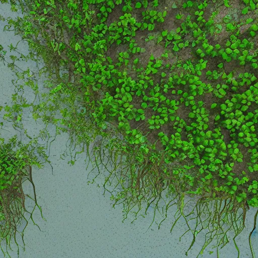 Prompt: Mangrove swamp tangled mangrove roots, view from above. Ground base texture asset for D&D battle map. Clean clear style suitable for maps