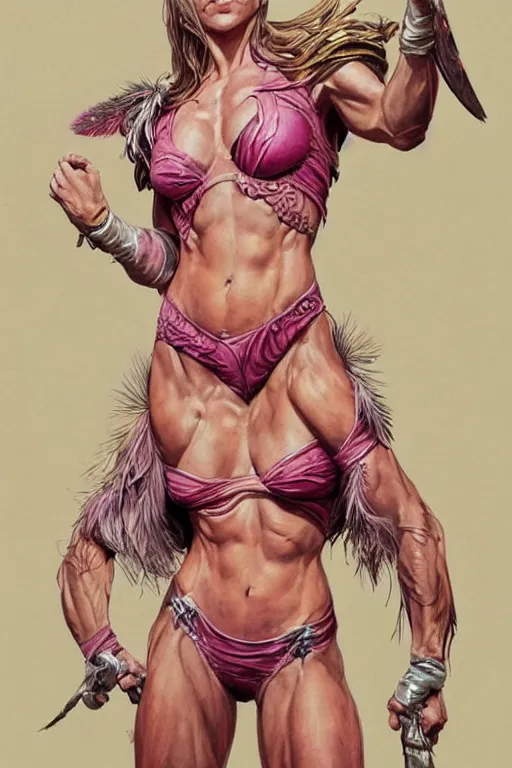 Image similar to muscled Cameron Diaz as a ruggedly handsome hero wearing pink feathers, intricate, elegant, tasteful, highly detailed, centered, digital painting, artstation, concept art, smooth, sharp focus, illustration, art by artgerm and donato giancola and Joseph Christian Leyendecker, WLOP