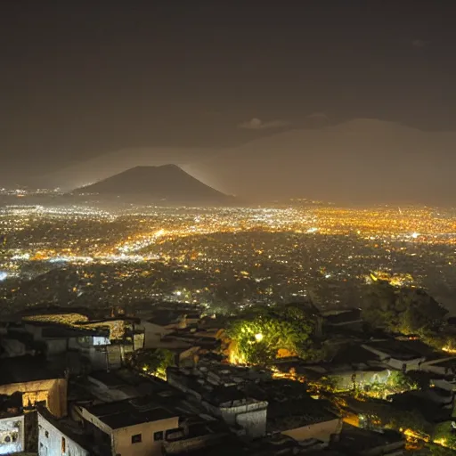 Image similar to a cyberpunk antigua guatemala at night from the distance