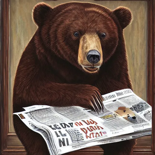 Prompt: a bear wearing a paisley shirt reading newspapers, highly detailed, portrait painting, illustration by scott gustafson and art station