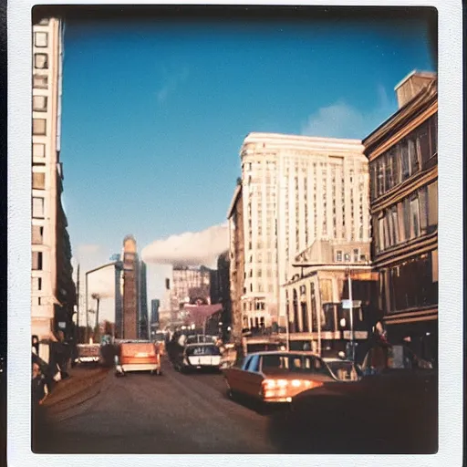 Image similar to instant photograph of a city in 1979, polaroid, raw, light leak, clouds