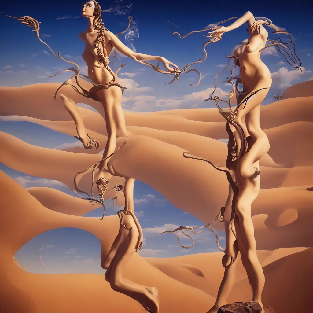 Prompt: goddess in desert, in the style of dali, oil on canvas, masterpiece, trending on artstation, featured on pixiv, cinematic composition, beautiful lighting, sharp, details, hyper - detailed, hd, hdr, 4 k,