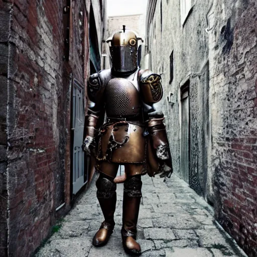 Image similar to a steampunk knight walking down an alley