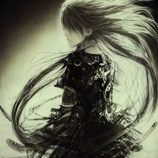 Image similar to yoshitaka amano blurred and dreamy illustration of an anime girl with black eyes, wavy white hair fluttering in the wind wearing elden ring armor and engraving, abstract black and white patterns on the background, noisy film grain effect, highly detailed, renaissance oil painting, weird portrait angle, blurred lost edges, three quarter view