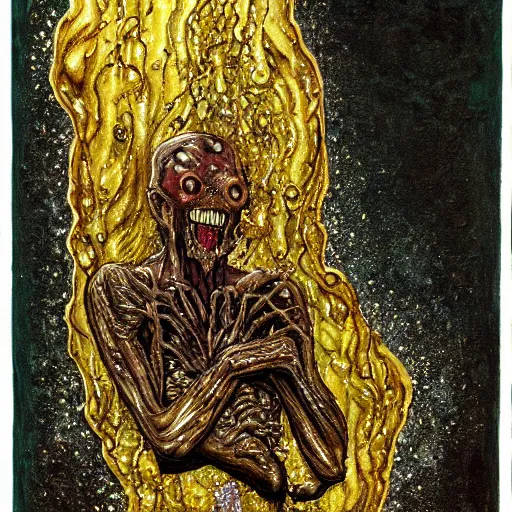 Image similar to dark green sci-fi lab at night, realistic gustave coubert painting of black onyx skin horror zombie dressed in rags exposed guts crawling in two legs and dripping golden metalic fluid from intestine into a puddle of golden liquid on the floor.