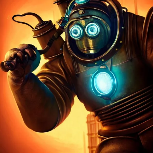 Image similar to big daddy from bioshock, a god, god, ecstatic, infinite power, manic, perfect eyes, full body shot, magical being, magic, portrait, noble, transformation, vivid colors, elegant, concept art, sharp focus, digital art, Hyper-realistic, 4K, Unreal Engine, Highly Detailed, HD, Dramatic Lighting by Brom, trending on Artstation