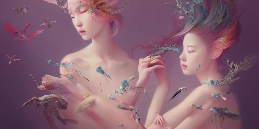 Image similar to breathtaking delicate detailed concept art painting creature, by hsiao - ron cheng, bizarre compositions, exquisite detail, pastel colors, ornate background, 8 k