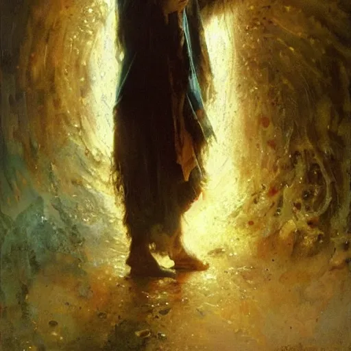 Prompt: a latino teenage boy with long black hair opens a portal to nowhere. dramatic. cinematic. holy. saintly. demigod. detailed. sharp. photo realistic. realism. gaston bussiere. phil hale