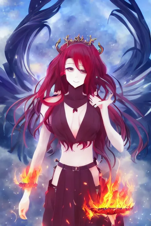 Image similar to a anime of beautiful full body concept art, ultra beautiful face, queen of hell wearing full fire clothing standing in a field, pixiv fanbox