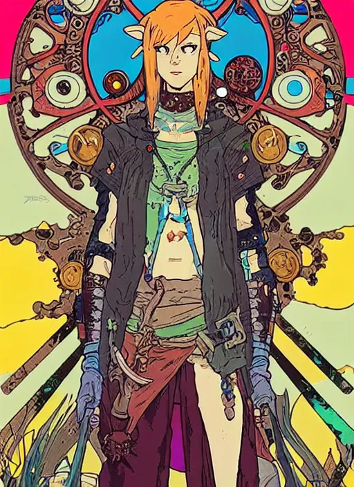 Image similar to biopunk fierce diety!! link from zelda!! portrait illustration, pop art, splash painting, art by geof darrow, ashley wood, alphonse mucha, makoto shinkai