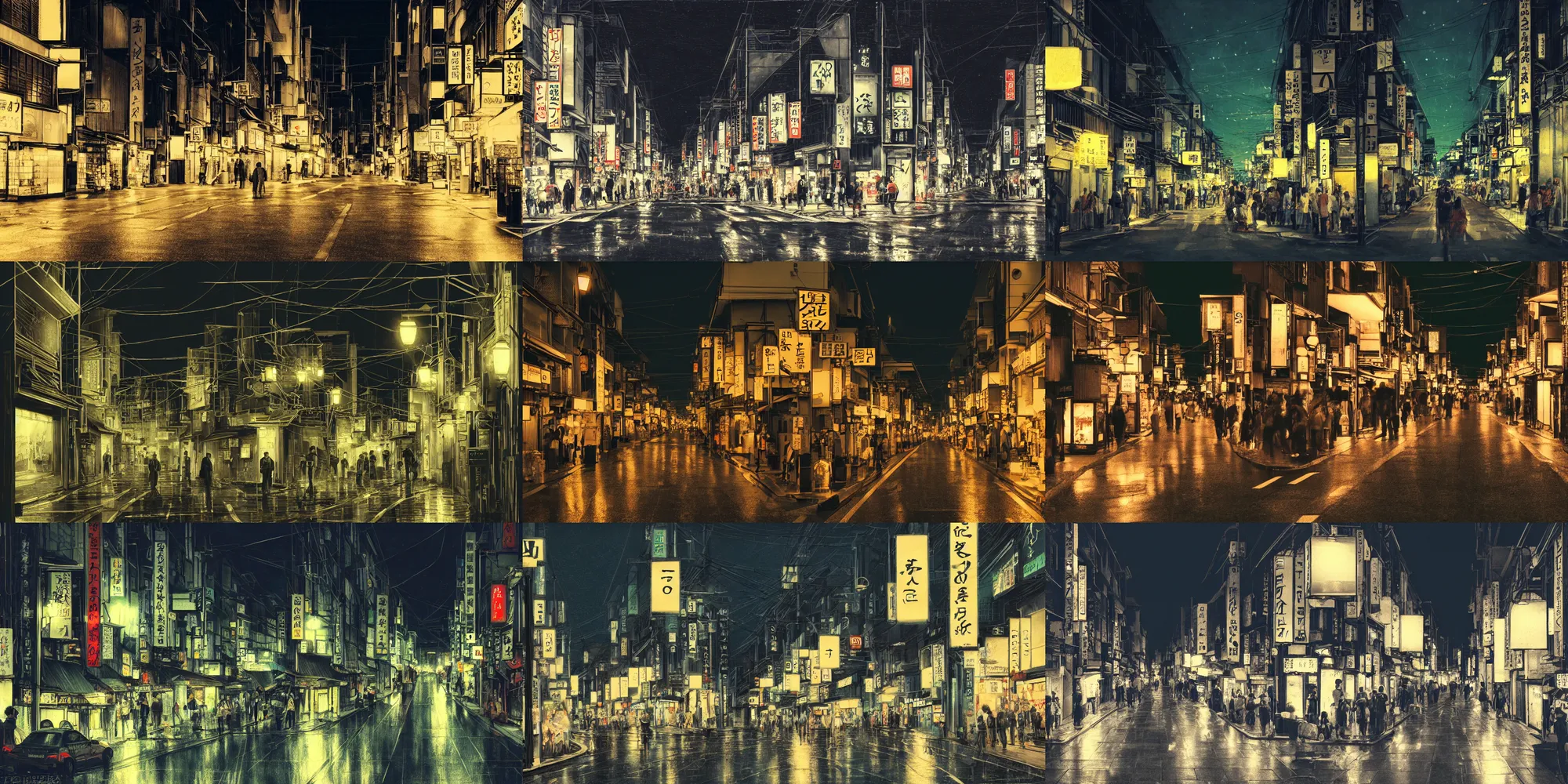 Prompt: kyoto street at night, crowded streets, green street lights everywhere, 8K, trending on artstation, golden ratio, rule of thirds, low key, establishing shot, extremely high detail, concept art