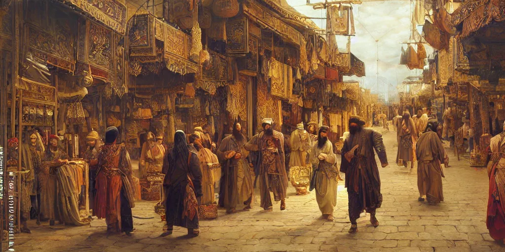 Image similar to Highly detailed and cinematic romantic period oil painting of the Persian king Cyrus the great walking through a bazaar, strong atmosphere, oil painting masterpiece by Josep Tapiró Baró, symmetry, fractals