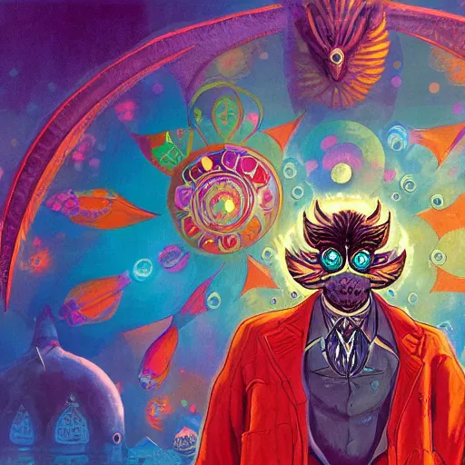 Image similar to 8K centered headshot Portrait of a psychedelic godlike mothman posing with a cigar with giant mandala wings smoking a hand-rolled cigarette smoking heavily , magic mushroom village in background , post-processing , award winning. superb resolution. in the art style of Satoshi Kon and Greg Rutkowski , Detailed Mushroom city in background , Hyper realistic anime , Perfect art , Dalle2