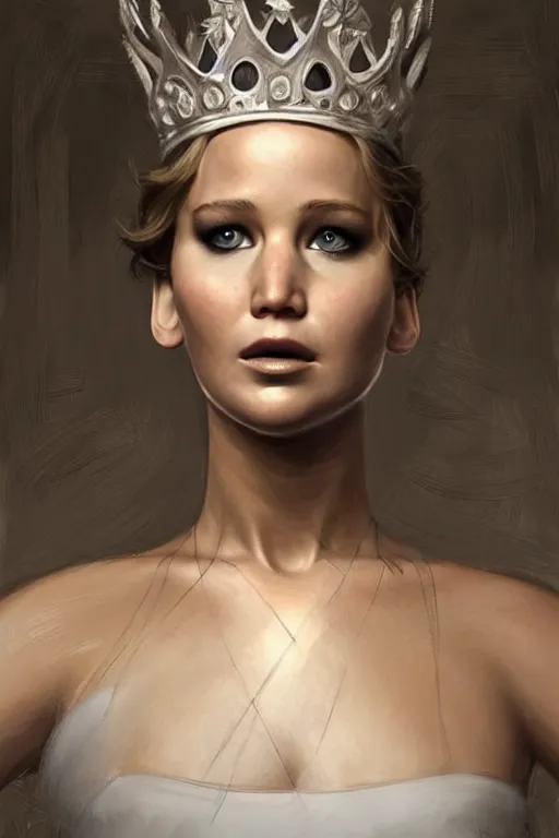 Image similar to Jennifer Lawrence as Queen wearing a White Outfit, anatomy, only two hands, highly detailed, digital painting, artstation, concept art, smooth, sharp focus, illustration, Unreal Engine 5, 8K, art by art by artgerm and greg rutkowski and edgar maxence