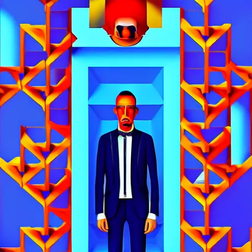 Image similar to ultra realistic portrait ofa man in suit in a studio, ultra detailed, under blue, red and yellow cinematic lighting, salvador dali, cartoon, monument valley, escher