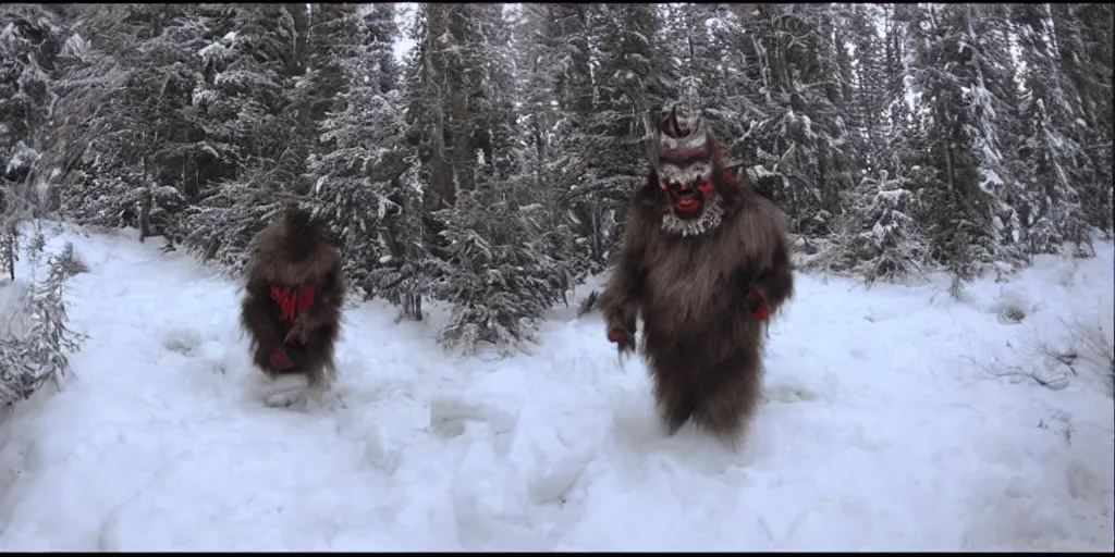 Image similar to trailcam footage of krampus in an alpine forest