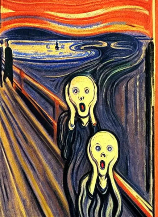 Prompt: oil painting of The Scream taking a seflie with an iPhone by Edvard Munch