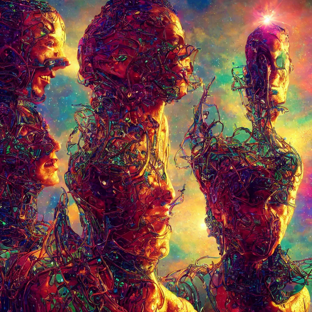 Image similar to extremely detailed cinematic movie still 3 0 7 7 full body shot of 2 1 years old twins hyperreal skin face golden energy strings art - nouveau style with rainbow shining crystals by denis villeneuve, wayne barlowe, simon birch, marc simonetti, philippe druillet, bright volumetric sunlight, rich moody colors, bokeh