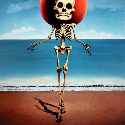 Prompt: a skeleton walking on a beach next to the ocean with nuclear bomb explosion in the background, a surrealist painting by Storm Thorgerson, featured on cg society, matte painting, naturalism, chillwave, anatomically correct