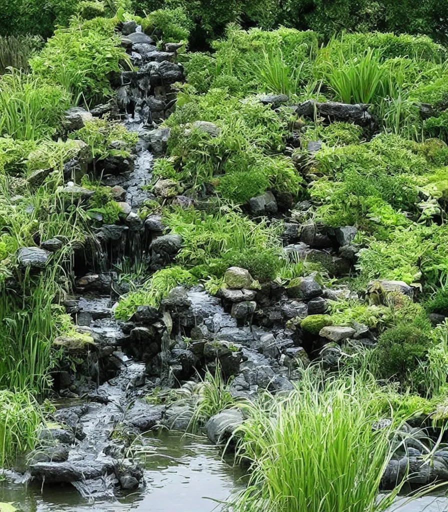 Image similar to a garden, in which there is a flowing water sculpture made of bamboo, garden landscape and symmetrical landscape ， by andre le notre ， trending ，