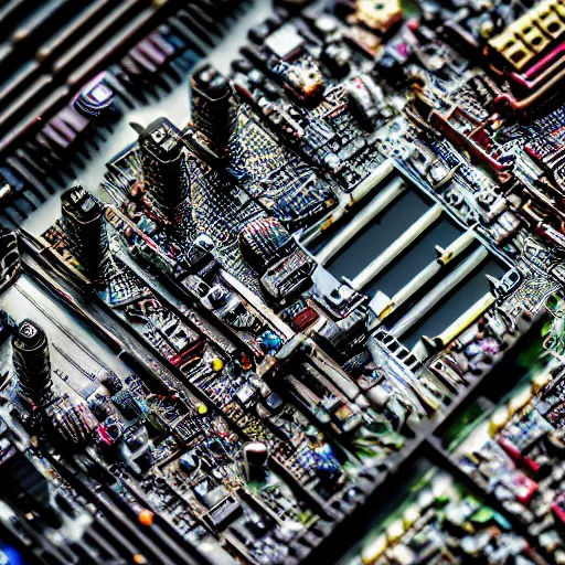 Prompt: tilt shift macro photo of computer motherboard that looks like a city with skyscrapers and traffic, taken with canon 8 0 d, canon 1 0 0 mm f / 2. 8