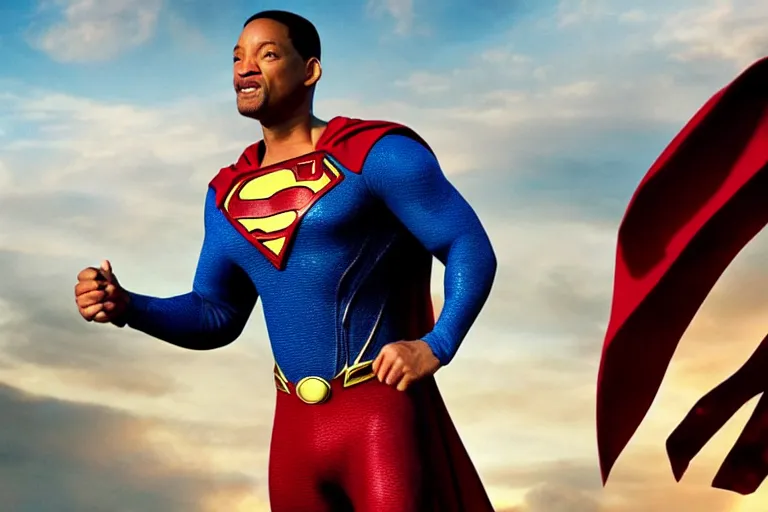 Prompt: promotional image of will smith as superman in the new superman movie, detailed face, movie still frame, promotional image, imax 70 mm footage