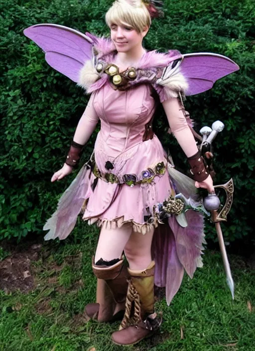 Image similar to Brown hair pink eye female faerie paladin planeteer + Tinkerbell +pixie hollow + steampunk + full dress + sparked and a full plate armor + D&D + full body