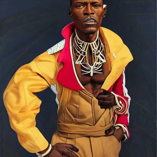 Prompt: a professionally painted african male model , clothed in ancient suit, dark skin, red gold hair, beautiful bone structure, symmetrical features, stunningly beautiful, intricate, elegant, digital painting, smooth, sharp focus, illustration, made by Kehinde Wiley, Kara Walker, Jacob Lawrence, Sam Gilliam, Edmonia Lewis,