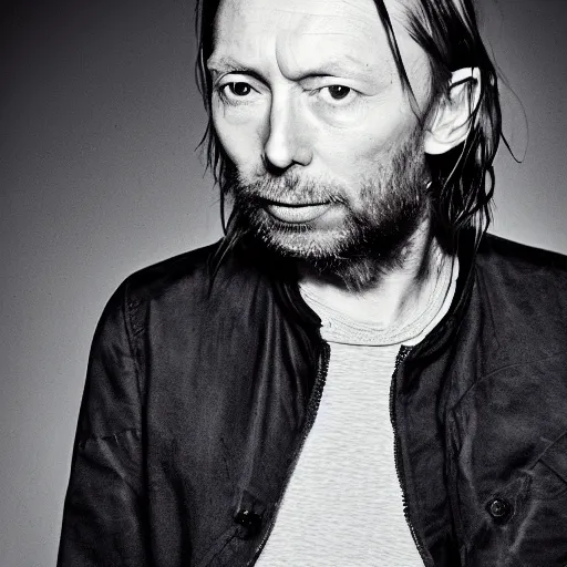 Image similar to Thom Yorke, Thom Yorke, with a beard and a black jacket, a portrait by John E. Berninger, dribble, neo-expressionism, uhd image, studio portrait, 1990s