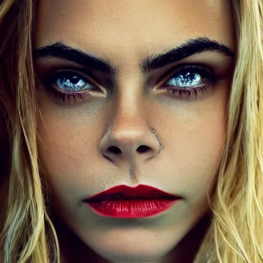 Image similar to sultry portrait of cara delevigne on the beach, 8k, photorealistic