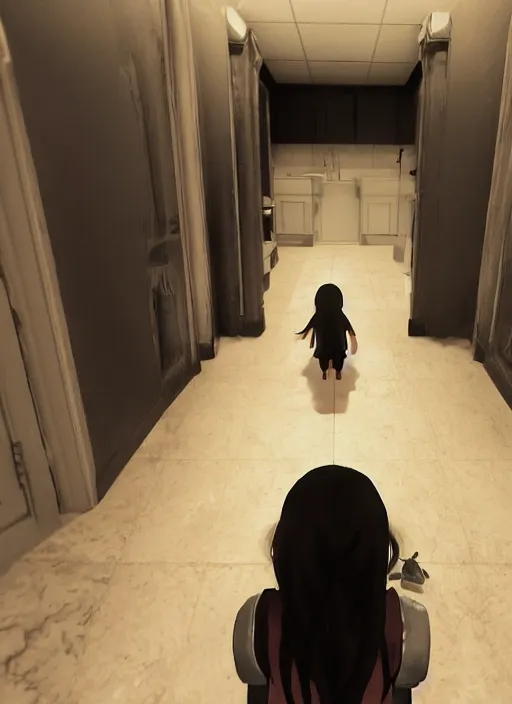 Image similar to a 1 4 year old girl eveline from resident evil 7 with straight long black hair wearing black dress that sitting on bathroom floor