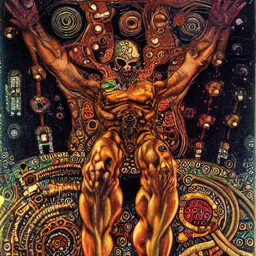 Image similar to depraved cybernetic demon, lsd, circuitry, intricate detail, klimt, frazetta,