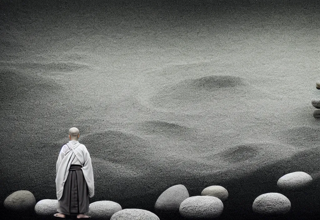 Image similar to portrait of a lone monk raking stones in a beautiful serene zen garden kyoto, japan, a collage painting, in the style of wes anderson, lola dupre, david hockney, isolated on negative white space background dark monochrome fluorescent neon spraypaint accents volumetric octane render