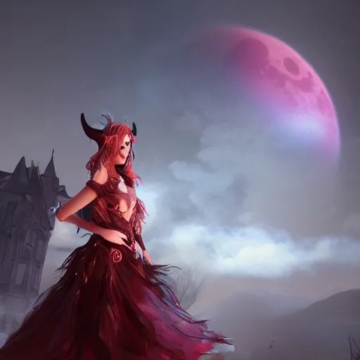 Image similar to a beautiful female bloodmoon witch character, character is in all its glory, character is in her natural relaxed pose, full body shot, rim lights, particles and dust in the air, fancy clouds, highly detailed professional photo, dynamic lights, particles are flying, depth of field, trending on artstation, professional illustration, hyper realistic, vray caustics, super detailed, colorful accents, cinematic shot