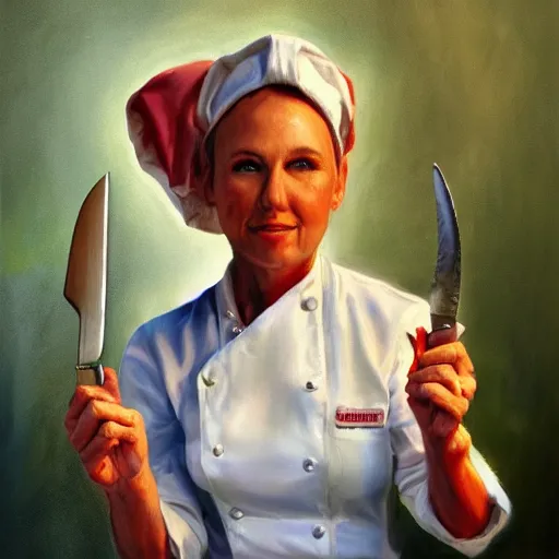 Prompt: woman with pointed ears and short blonde hair, standing in the rain wearing a kitchen maid's uniform and holding a chef's knife, fantasy, character portrait, hyper realism, colorful, oil painting